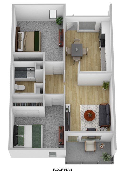Floor plan for 2 beds, 1 bath, 728 sqft